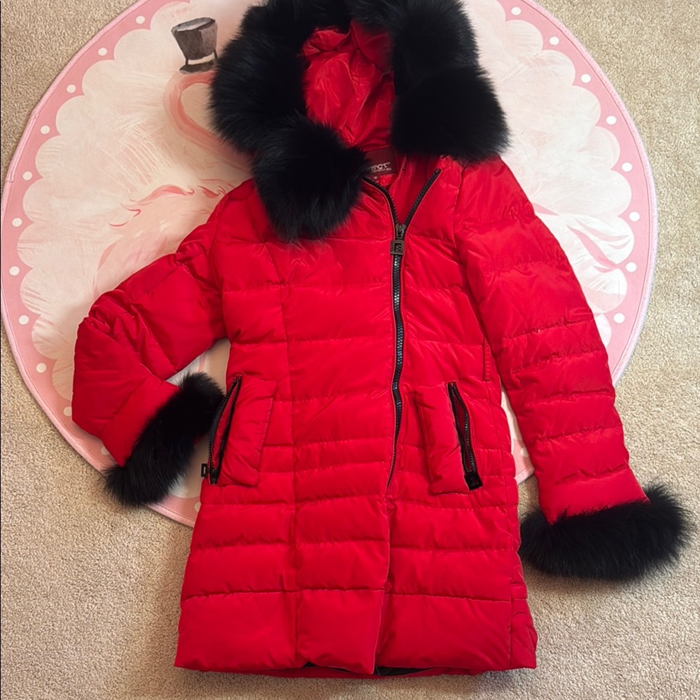 Avirex Red and Black Puffer Coat with Fur Trim